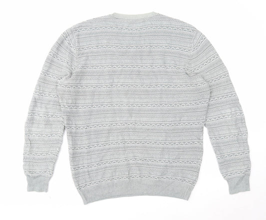 Springfield Mens Grey Round Neck Fair Isle Cotton Pullover Jumper Size XL Long Sleeve