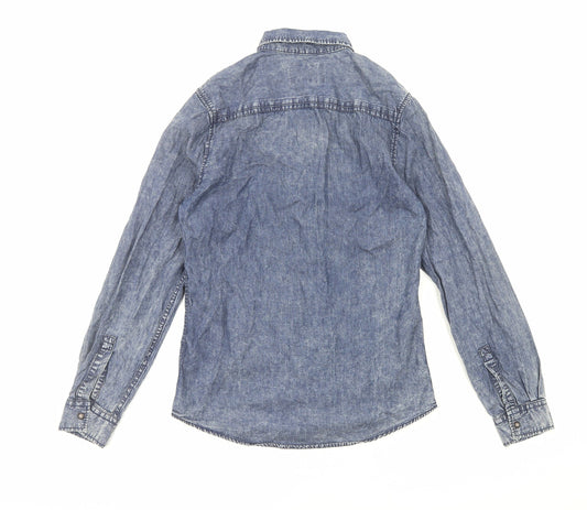 Topman Mens Blue Cotton Button-Up Size S V-Neck Snap