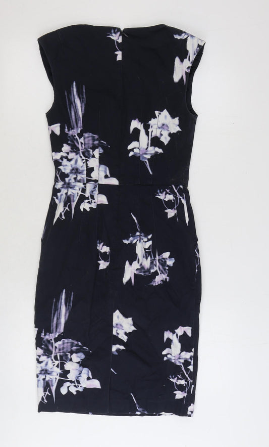 French Connection Womens Blue Floral Cotton A-Line Size 6 V-Neck Zip