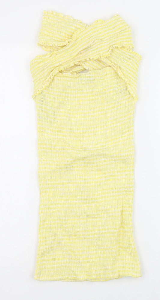 Missguided Womens Yellow Check 100% Cotton Bodycon Size 6 Off the Shoulder Pullover