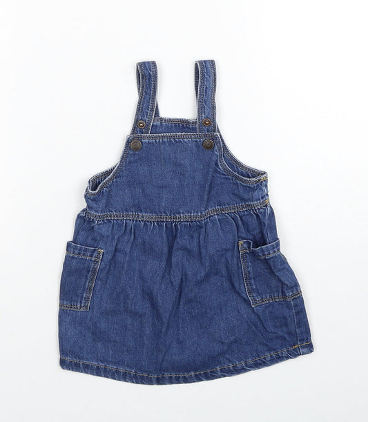 Marks and Spencer Girls Blue Cotton A-Line Size 3-6 Months Square Neck Button