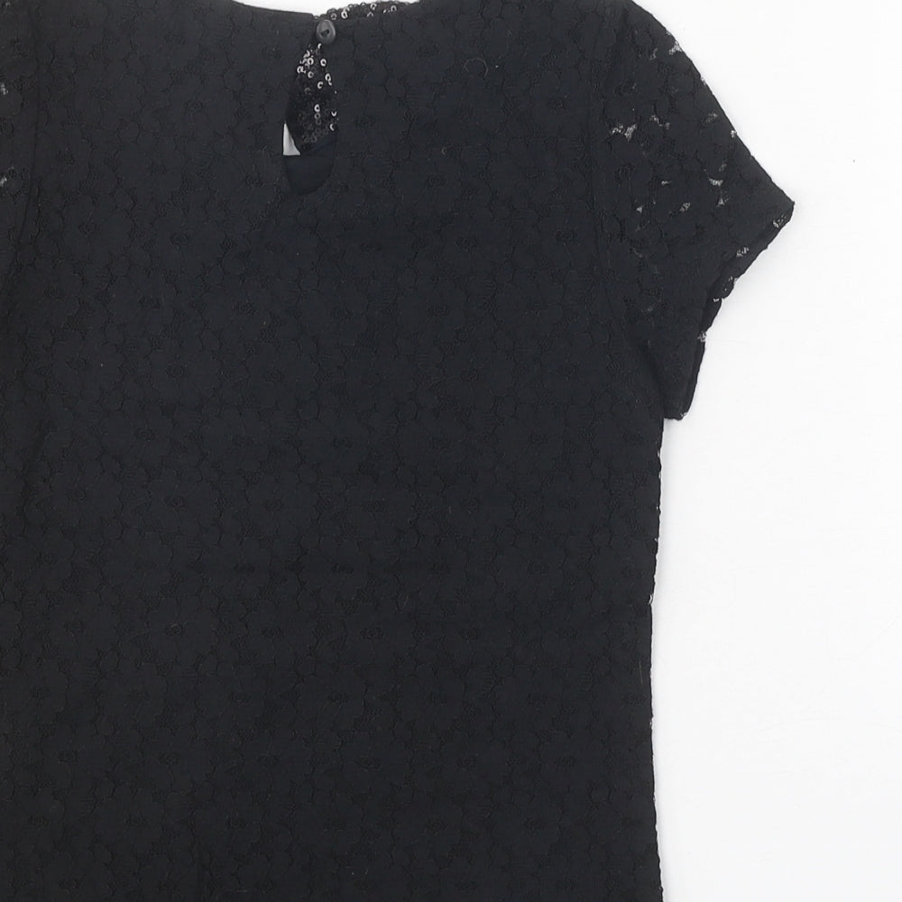 Marks and Spencer Girls Black 100% Cotton Pullover T-Shirt Size 8-9 Years Collared Button - Lace