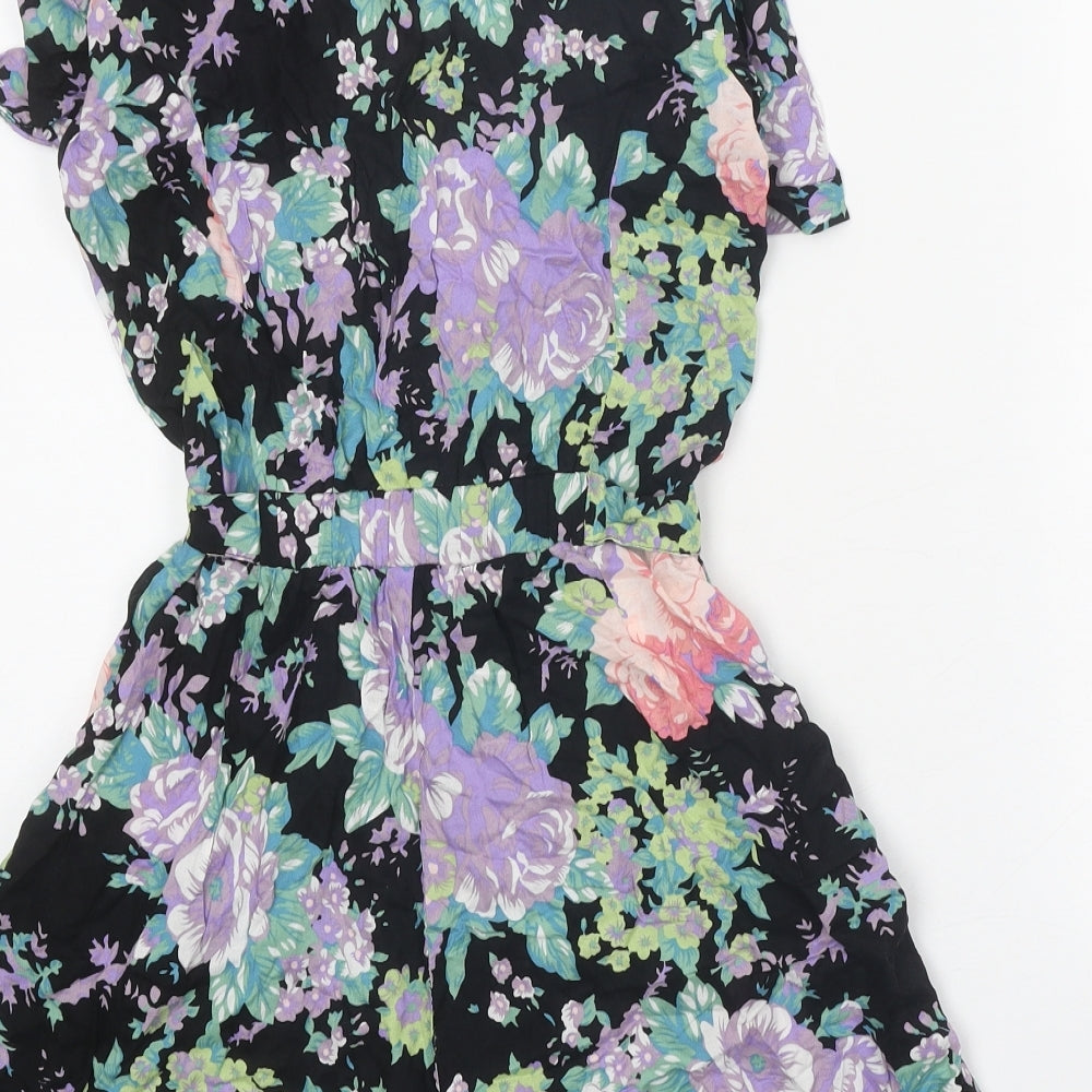 Warehouse Womens Black Floral Viscose Playsuit One-Piece Size 8 Tie