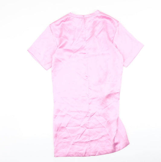 Zara Womens Pink Polyester T-Shirt Dress Size XS Round Neck Zip - Knot Front
