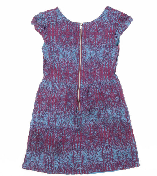 Ness Womens Blue Geometric Viscose A-Line Size 10 V-Neck Zip
