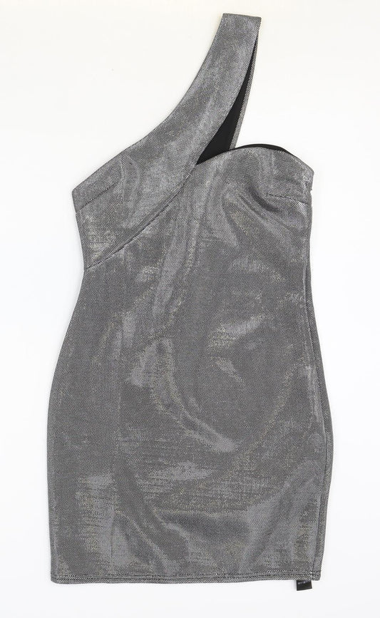 ASOS Womens Silver Polyester Bodycon Size 10 Off the Shoulder Zip