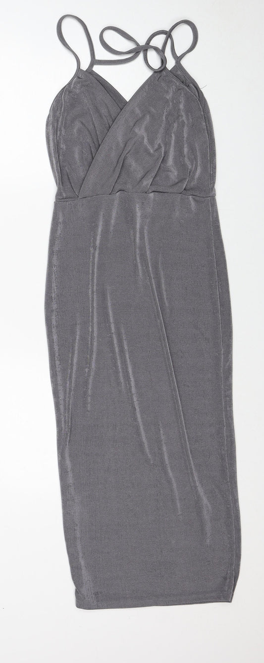 Missguided Womens Grey Polyester Pencil Dress Size 10 V-Neck Pullover