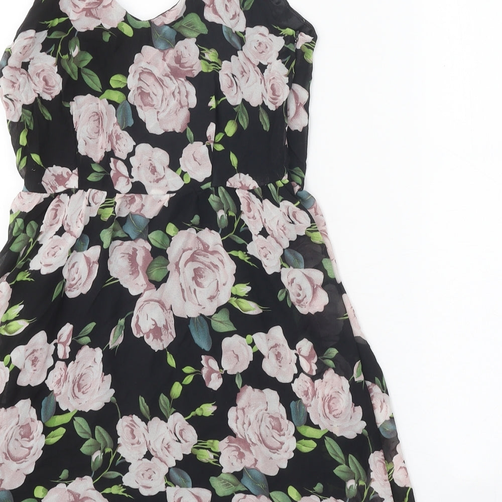 Boohoo Womens Black Floral Polyester A-Line Size 8 V-Neck Pullover