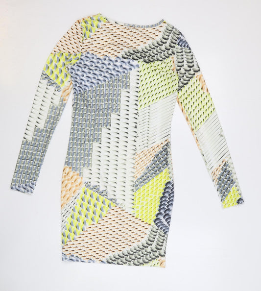 Topshop Womens Multicoloured Geometric Polyester Bodycon Size 10 Round Neck