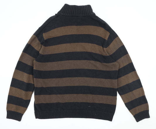 Fred Perry Mens Brown High Neck Striped Cotton Pullover Jumper Size XL Long Sleeve