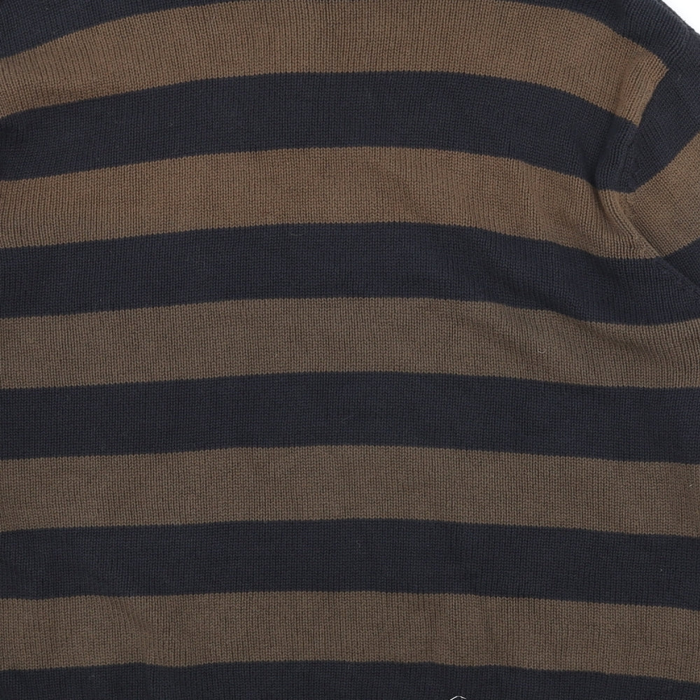 Fred Perry Mens Brown High Neck Striped Cotton Pullover Jumper Size XL Long Sleeve