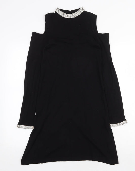 Warehouse Womens Black Viscose Trapeze & Swing Size 6 Round Neck Hook & Eye - Cold Shoulder