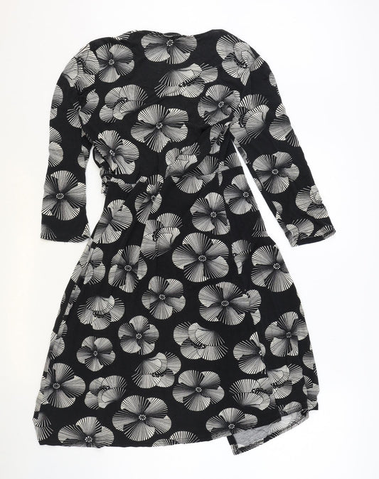 M&Co Womens Black Floral Viscose Wrap Dress Size 8 V-Neck Pullover