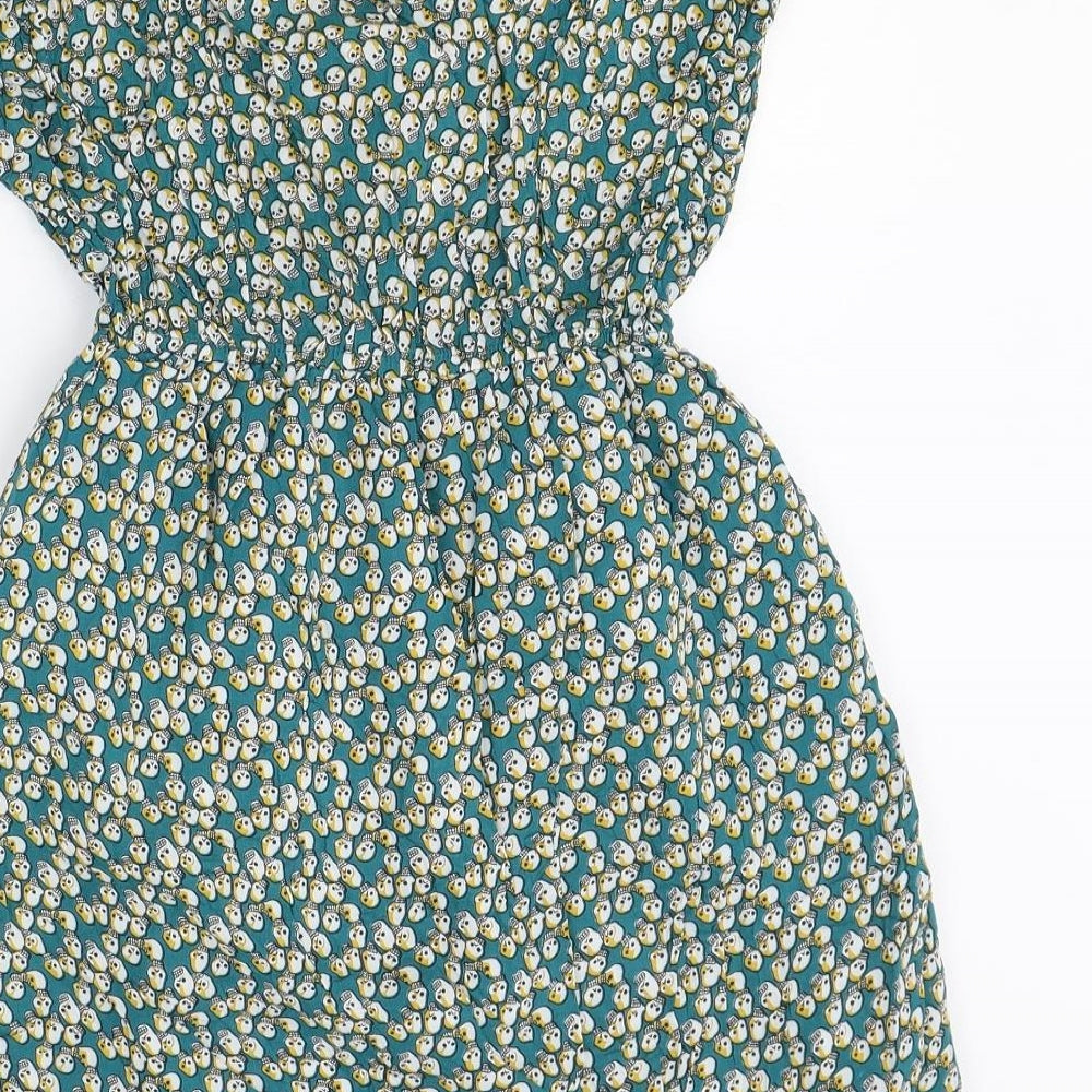Shikka London Womens Green Geometric Cotton Fit & Flare Size S V-Neck Button - Size S-M