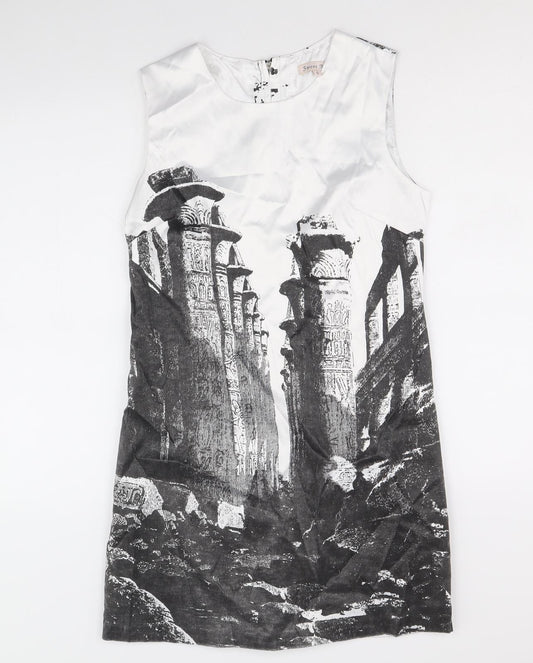 Sweet Miss Womens White Geometric Cotton Shift Size S Scoop Neck Zip - Ruins Print