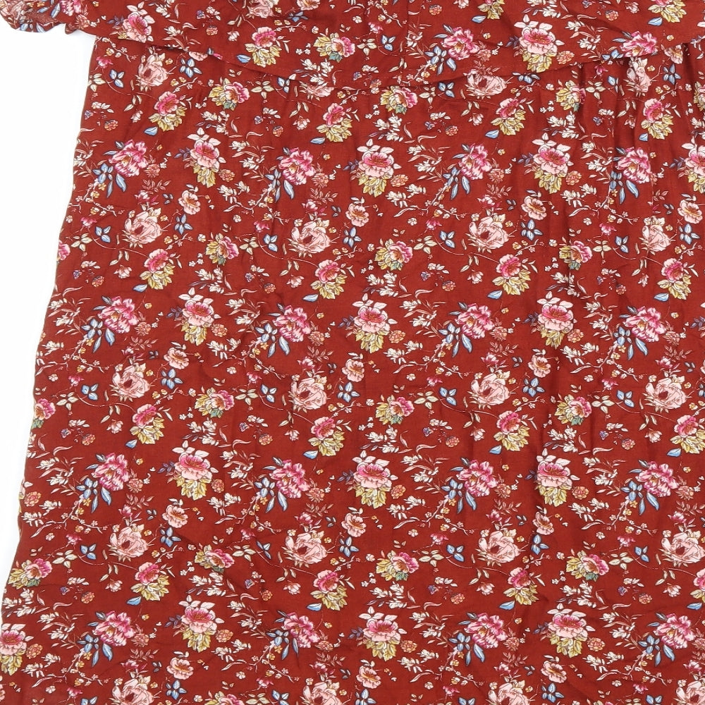 Primark Womens Brown Floral Viscose Trapeze & Swing Size 10 Off the Shoulder Pullover