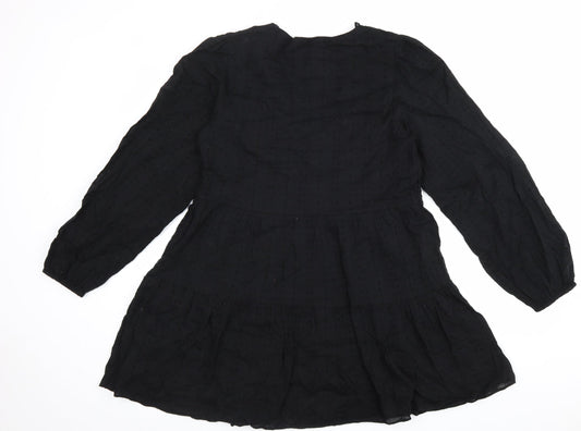 Zara Womens Black 100% Cotton Fit & Flare Size M V-Neck Zip