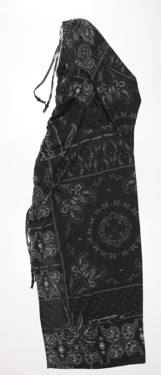 H&M Womens Black Geometric Polyester Bodycon Size L One Shoulder Pullover