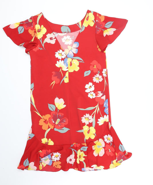 NEXT Womens Red Floral Polyester A-Line Size 8 V-Neck Pullover