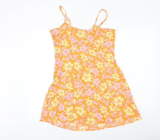 H&M Womens Orange Floral Viscose Mini Size 14 V-Neck Zip