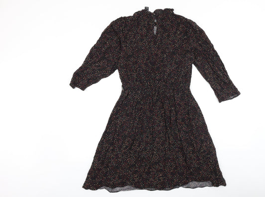 New Look Womens Black Geometric Viscose Fit & Flare Size 10 Round Neck Button