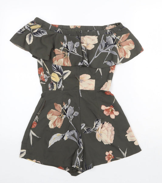 Love Womens Green Floral Polyester Playsuit One-Piece Size 8 Zip