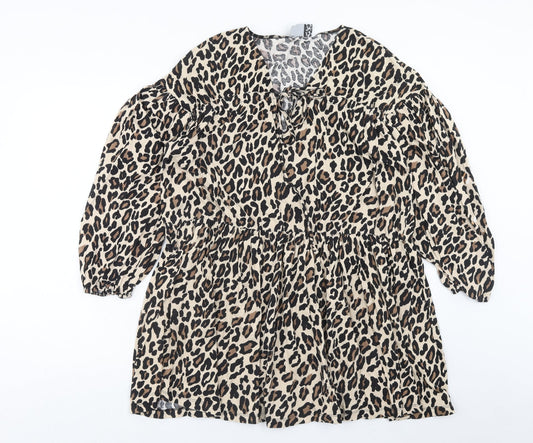 ASOS Womens Brown Animal Print Cotton Fit & Flare Size 10 V-Neck Pullover - Leopard Pattern