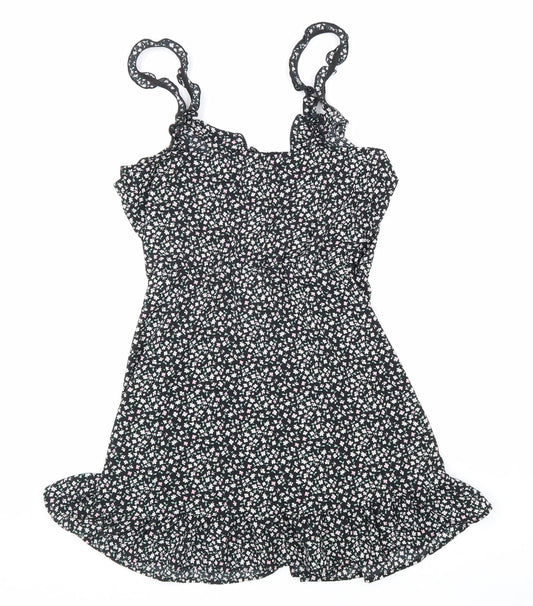 Divided Womens Black Floral Polyester Trapeze & Swing Size 12 V-Neck Pullover
