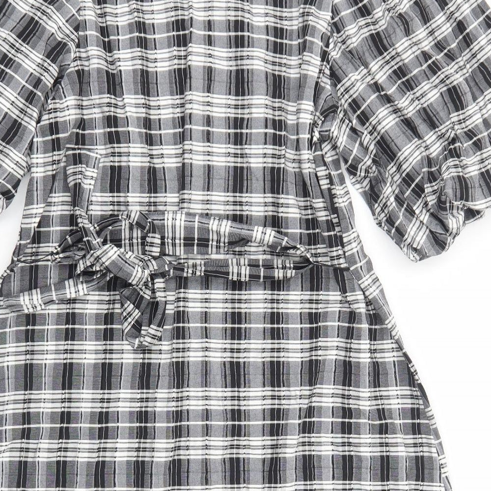 NEXT Womens Black Plaid Viscose Sheath Size 12 Round Neck Pullover - Voluminous Sleeves