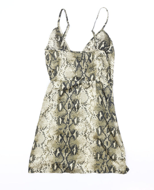 Missguided Womens Brown Animal Print Viscose Tank Dress Size 10 V-Neck Zip - Snakeskin Pattern
