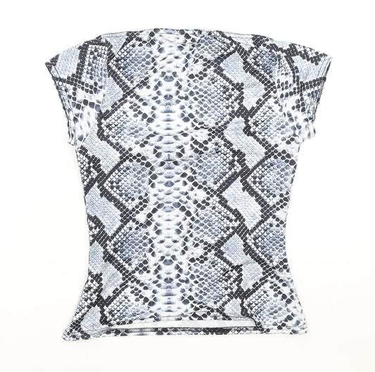 Boohoo Womens Blue Animal Print Polyester Basic T-Shirt Size 10 Square Neck - Snake Skin Print