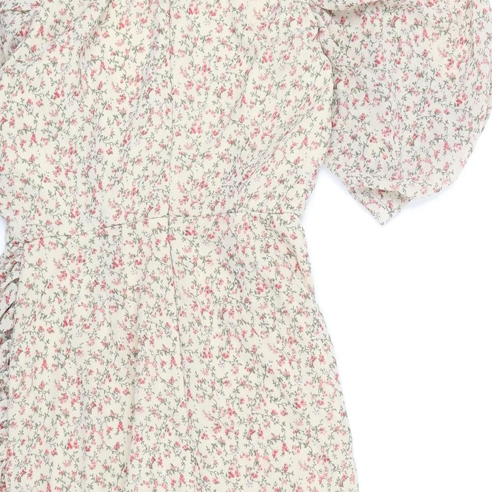 Missguided Womens Beige Floral Polyester Mini Size 8 V-Neck Zip