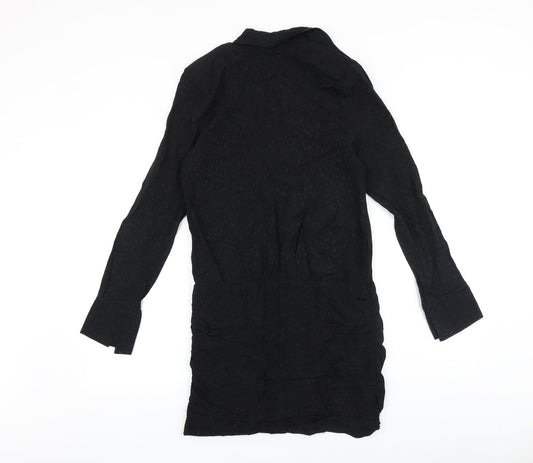 Zara Womens Black Geometric Polyester Shirt Dress Size S V-Neck Button