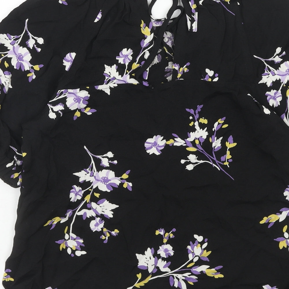 Autograph Womens Black Floral Viscose Basic Blouse Size 6 Boat Neck