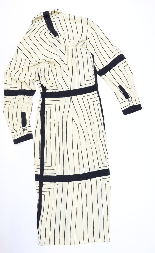 Zara Womens Beige Striped Viscose Shirt Dress Size L Collared Button