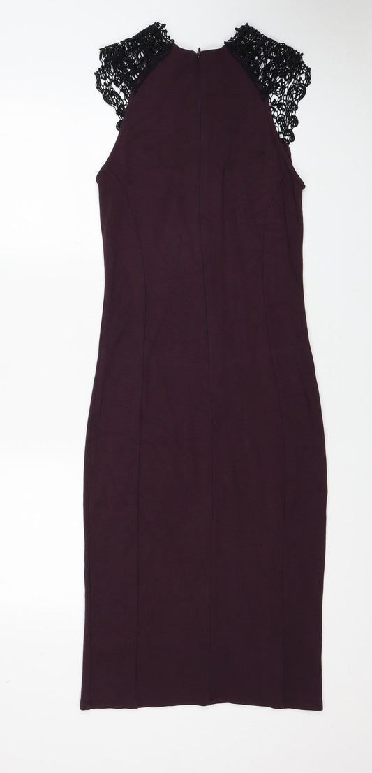 NEXT Womens Purple Viscose Pencil Dress Size 10 Round Neck Zip - Lace Detail