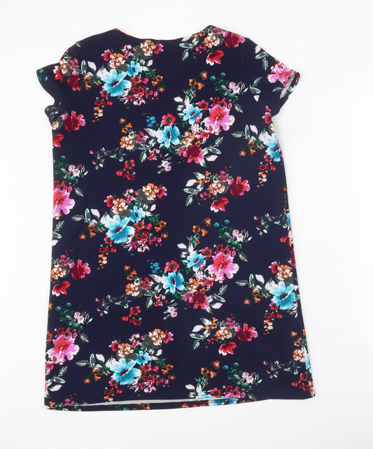 Boohoo Womens Blue Floral Polyester T-Shirt Dress Size 12 Boat Neck Pullover