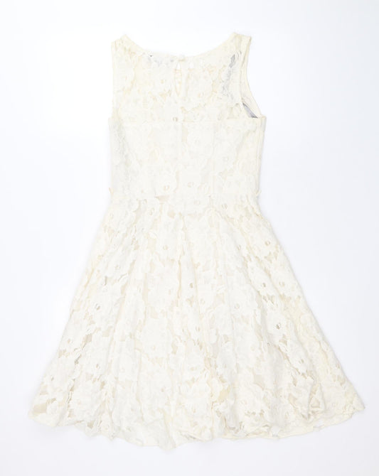 Red Herring Womens Ivory Cotton Skater Dress Size 6 Boat Neck Zip