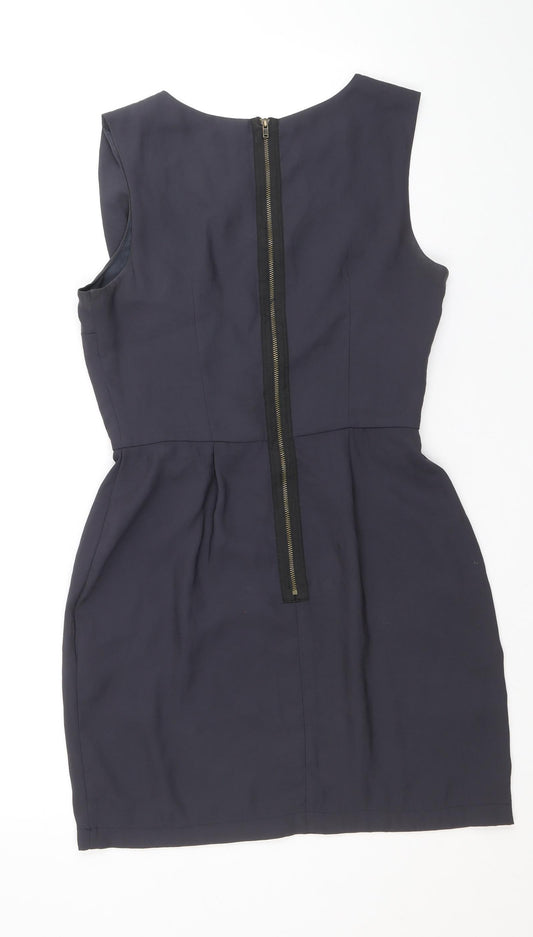 Topshop Womens Grey Acetate Mini Size 8 Boat Neck Zip - Pleat Detail