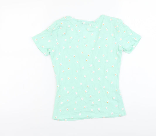 Bershka Womens Green Geometric Cotton Basic T-Shirt Size S V-Neck - Flower Detail