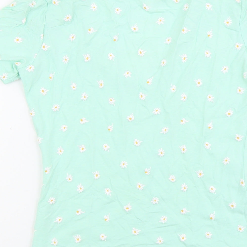 Bershka Womens Green Geometric Cotton Basic T-Shirt Size S V-Neck - Flower Detail