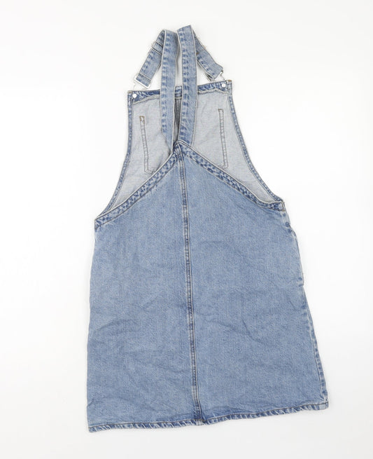 Denim & Co. Womens Blue Cotton Pinafore/Dungaree Dress Size 8 Square Neck Button