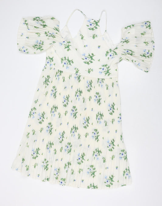 Boohoo Womens Ivory Floral Polyester Fit & Flare Size 8 V-Neck Zip