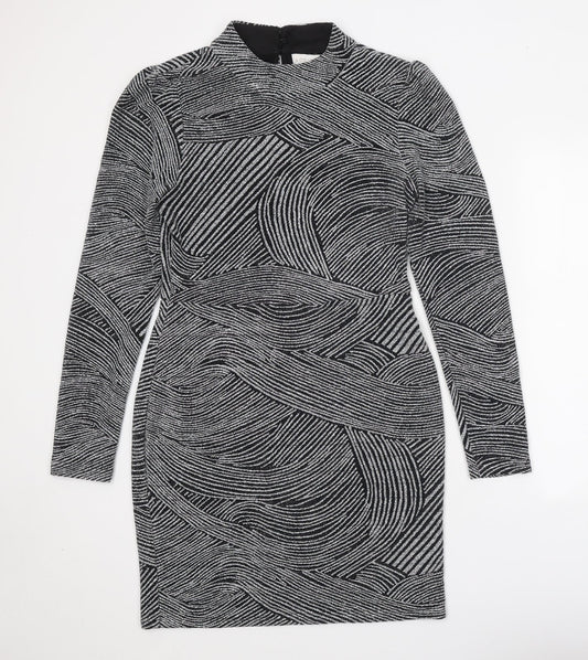 Apricot Womens Black Geometric Nylon Bodycon Size 12 Mock Neck Hook & Eye