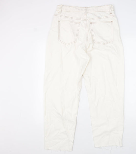 PRETTYLITTLETHING Womens White Cotton Straight Jeans Size 12 L31 in Regular Zip - Distressed Hems