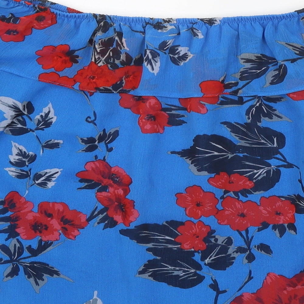 Papaya Womens Blue Floral Polyester Basic Blouse Size 12 Off the Shoulder