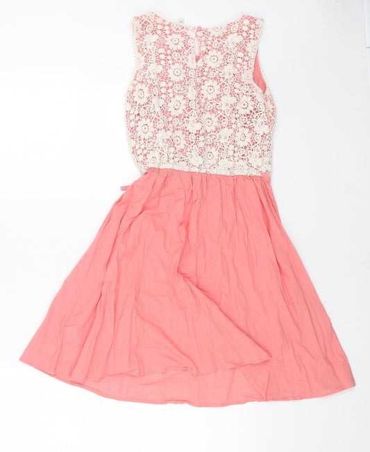 New Look Womens Pink Cotton Fit & Flare Size 8 Boat Neck Button - Lace Top