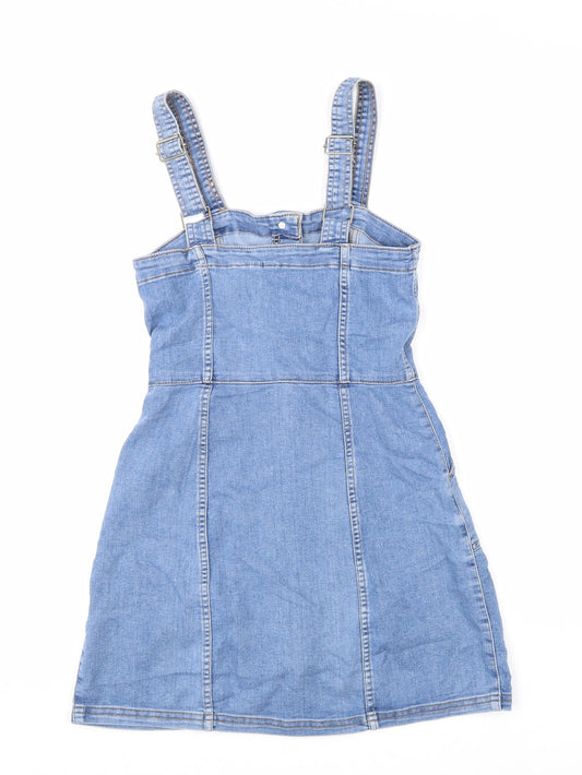 Divided Womens Blue Cotton Pinafore/Dungaree Dress Size 6 Scoop Neck Button