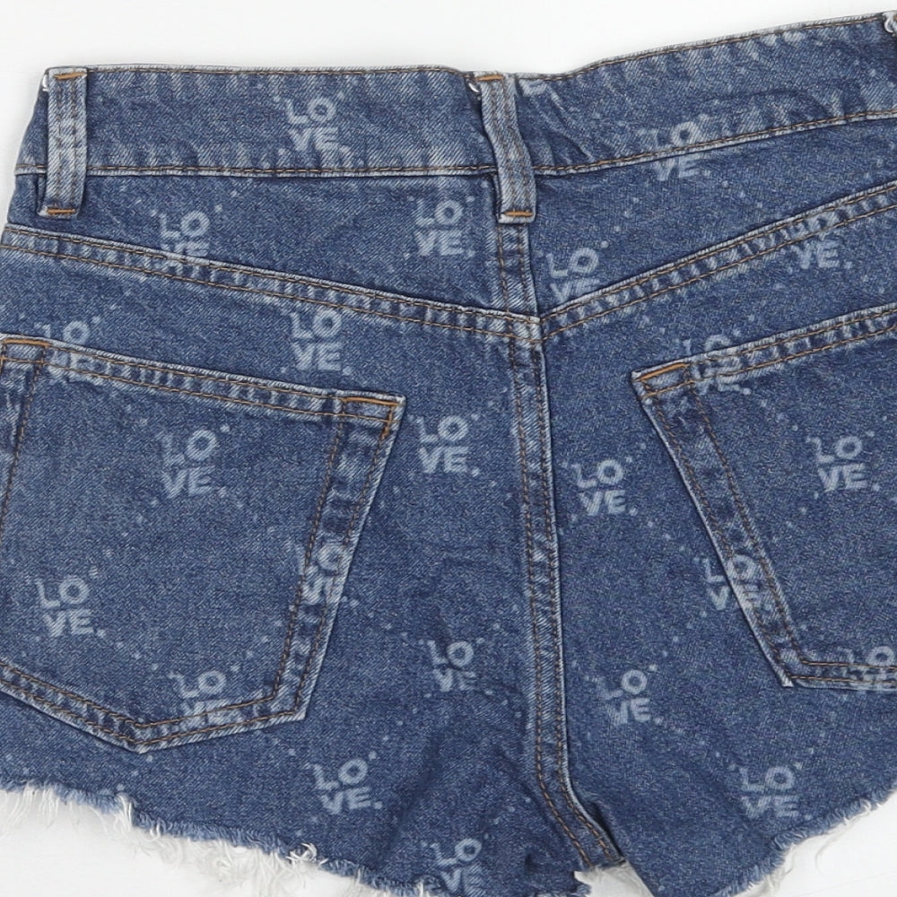 H&M Womens Blue Geometric Cotton Boyfriend Shorts Size 6 Regular Zip