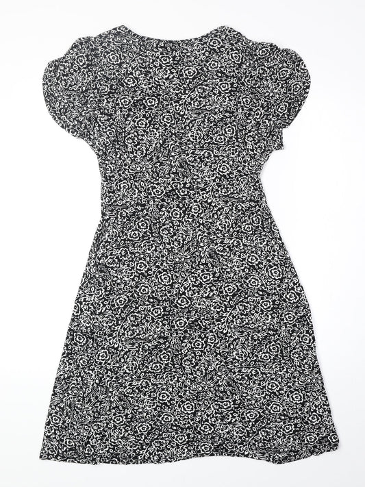 F&F Womens Black Floral Viscose Fit & Flare Size 8 V-Neck Pullover